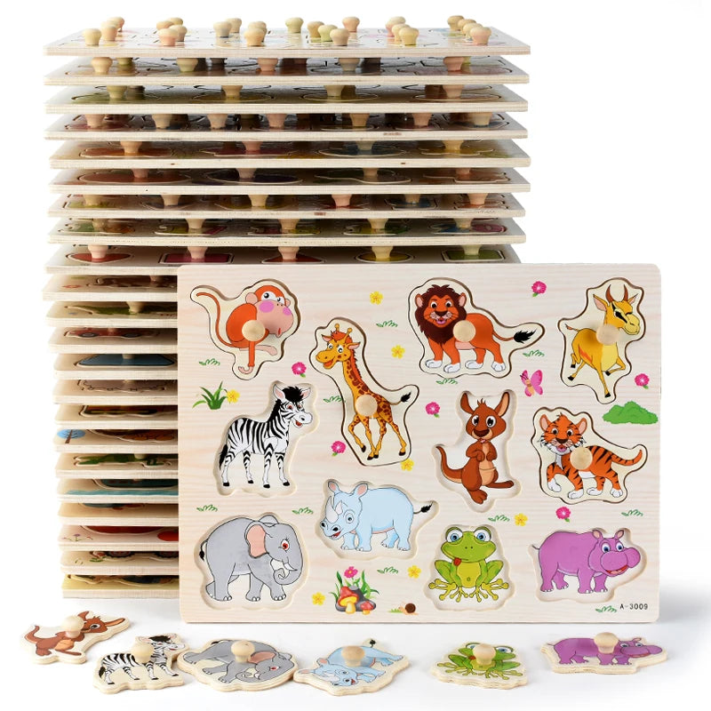 A wooden puzzle set featuring various animals, fruits, and shapes for toddlers.
