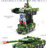 A green combat tank toy featuring a projecting light and lights, shown in two configurations.