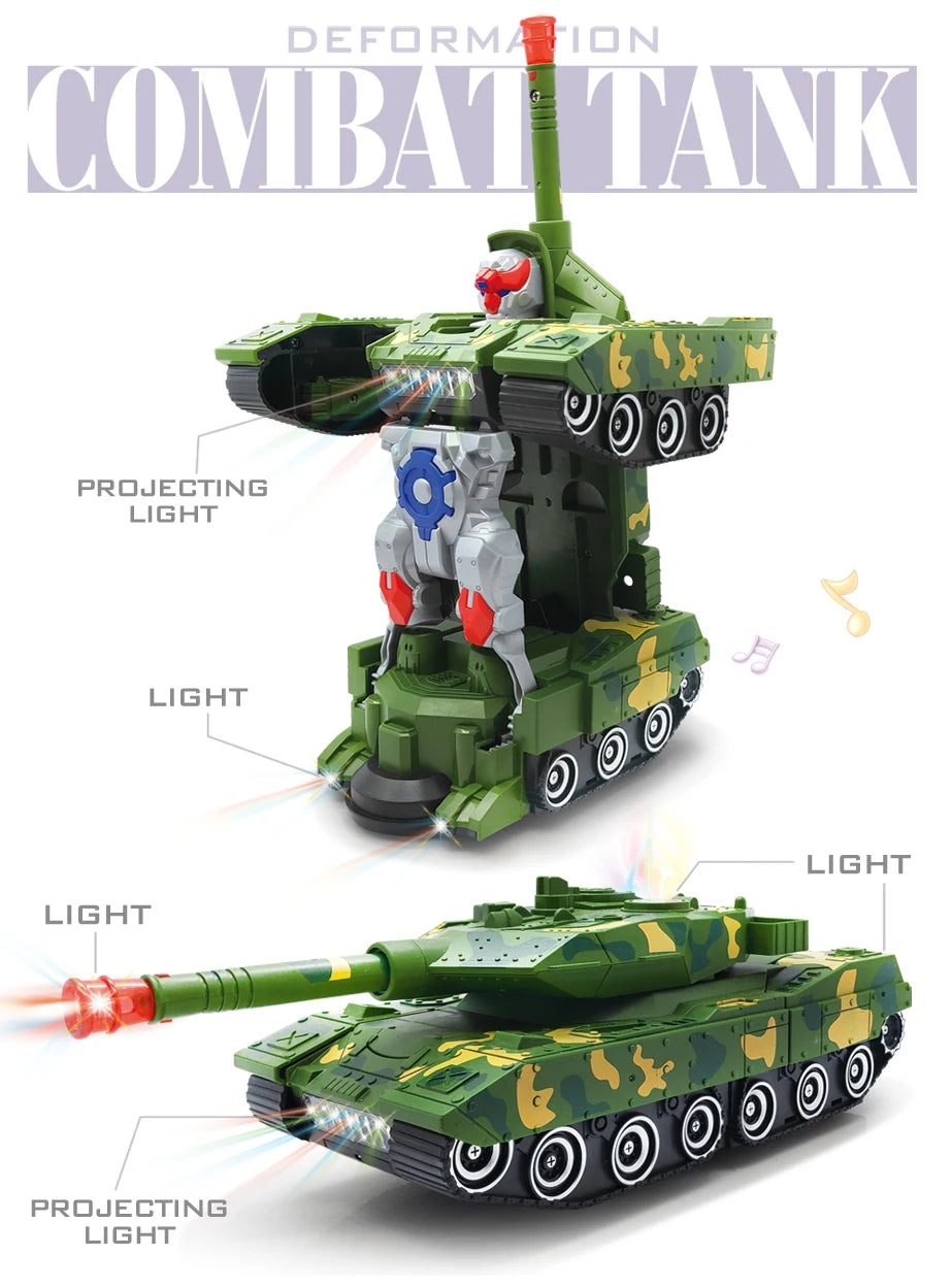A green combat tank toy featuring a projecting light and lights, shown in two configurations.