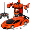Orange 2-in-1 RC transforming car robot with remote control and accessories