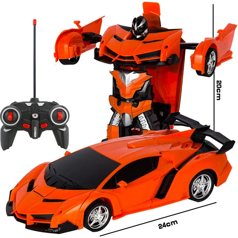 Orange 2-in-1 RC transforming car robot with remote control and accessories