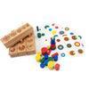 A set of colorful wooden cylinder blocks and matching colored discs used for educational play.