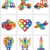 A collection of colorful magnetic building tiles in various shapes and patterns for STEM learning.