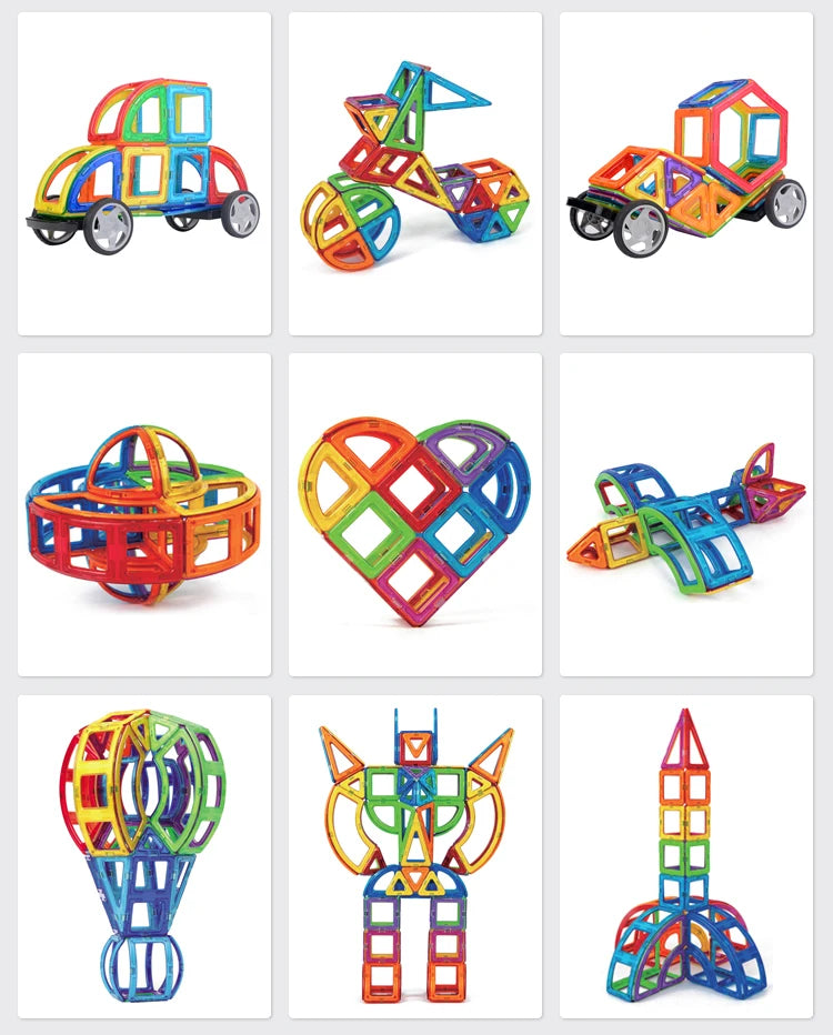 A collection of colorful magnetic building tiles in various shapes and patterns for STEM learning.