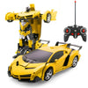 A yellow 2-in-1 RC transforming car robot with a remote control transmitter and receiver.