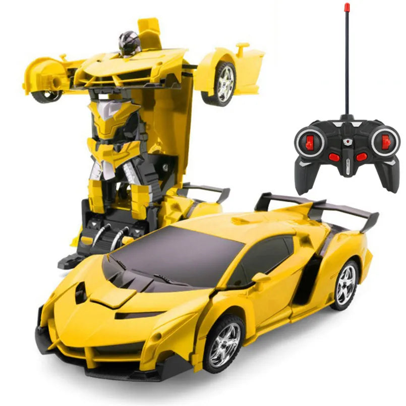 A yellow 2-in-1 RC transforming car robot with a remote control transmitter and receiver.