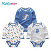 A set of three cotton baby bodysuits with long sleeves featuring dinosaur designs in blue and gray.