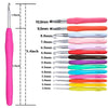 A collection of various sized crochet hooks with soft handles and different colored shafts shown next to a scale.