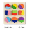 A wooden puzzle set featuring colorful shapes and animals arranged in various geometric patterns.