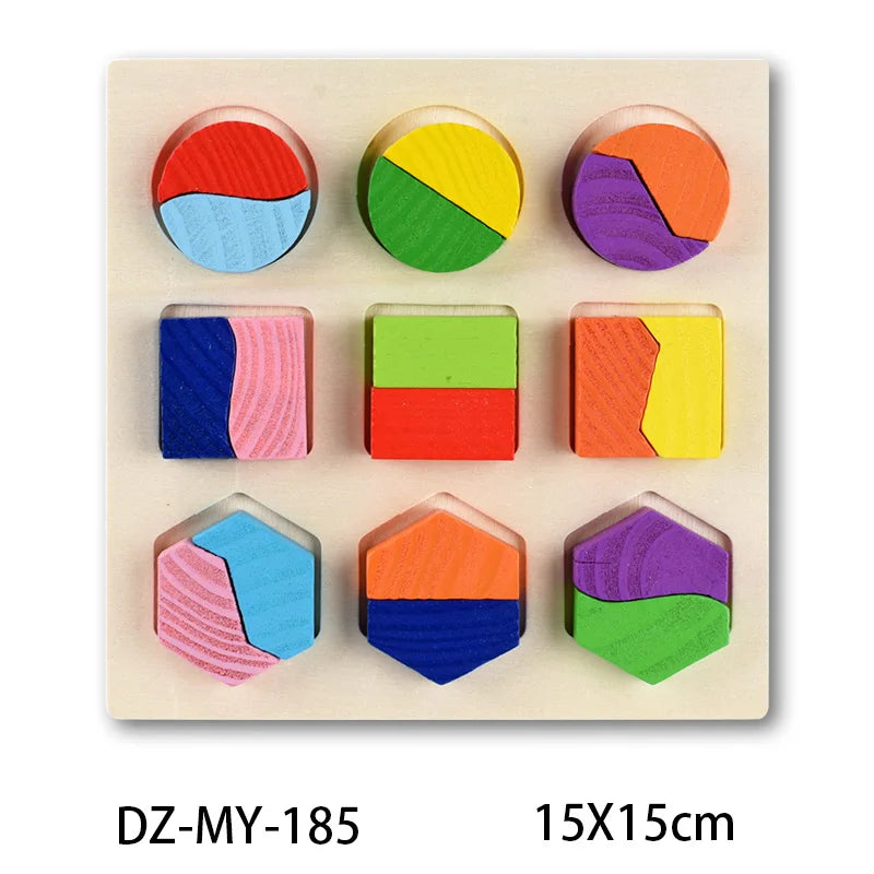 A wooden puzzle set featuring colorful shapes and animals arranged in various geometric patterns.