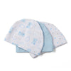 A stack of light blue and white cartoon baby hats for infants.