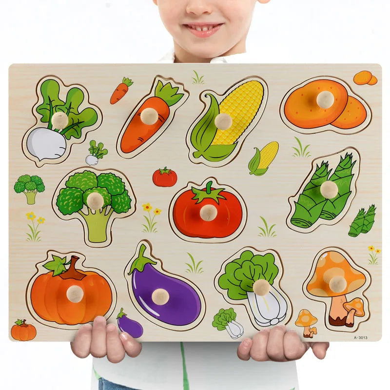A wooden puzzle set featuring various fruits and vegetables like carrots, tomatoes, pumpkins, and broccoli for toddlers.