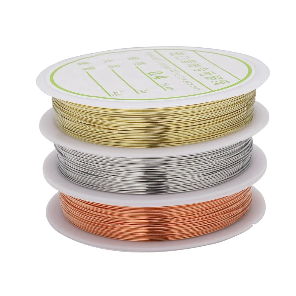 A stack of thin, round copper beading wire for jewelry making is shown on a white circular tray.