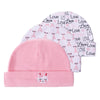 A pink knit baby hat with a cute rabbit embroidery, displayed next to a white hat patterned with small pink hearts and love t