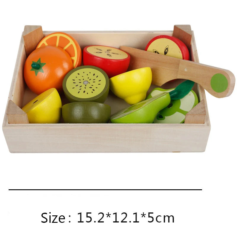 A wooden magnetic fruit and vegetable cutting play set featuring various colorful fruits and vegetables.