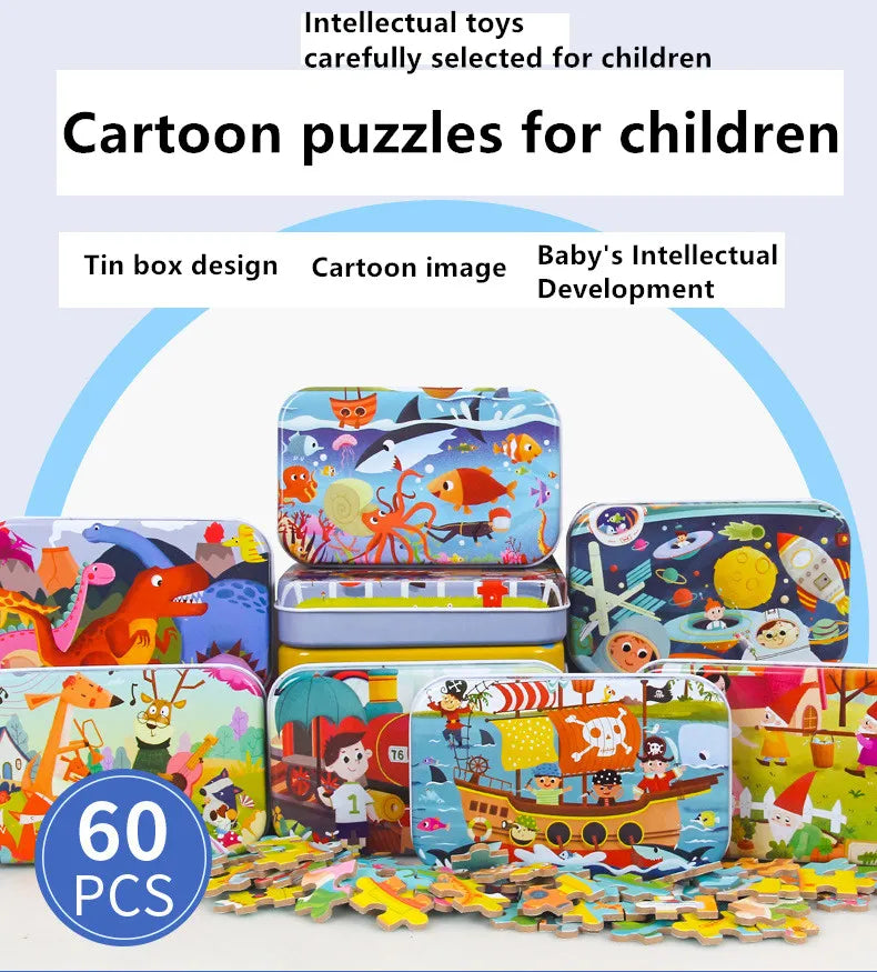 Wooden Jigsaw Puzzle Set for Kids - 60 Pieces of Cartoon Vehicles & Animals