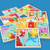 A collection of wooden tangram puzzle boards featuring colorful animal and fruit shapes arranged on a blue background.
