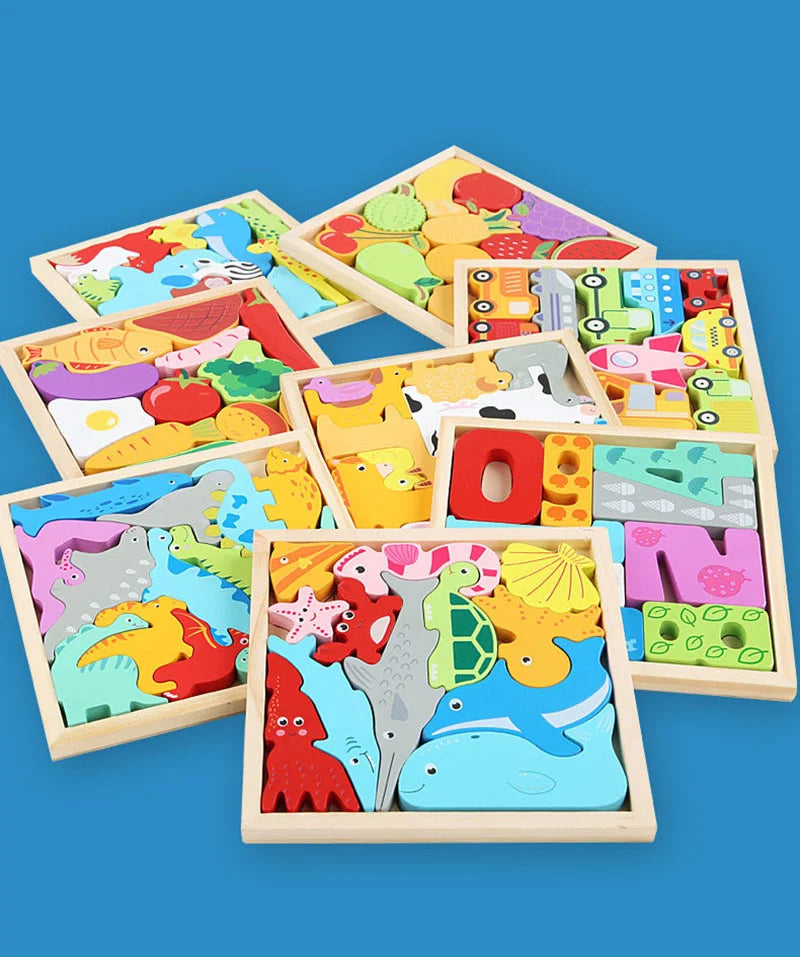 A collection of wooden tangram puzzle boards featuring colorful animal and fruit shapes arranged on a blue background.