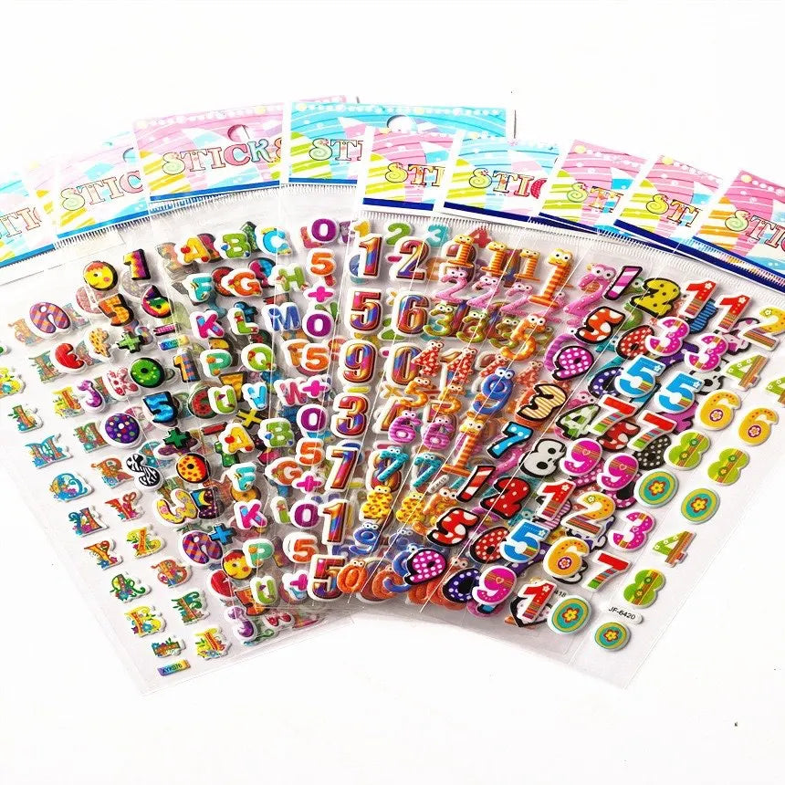 A sheet of 3D puffy stickers featuring colorful letters and numbers for kids