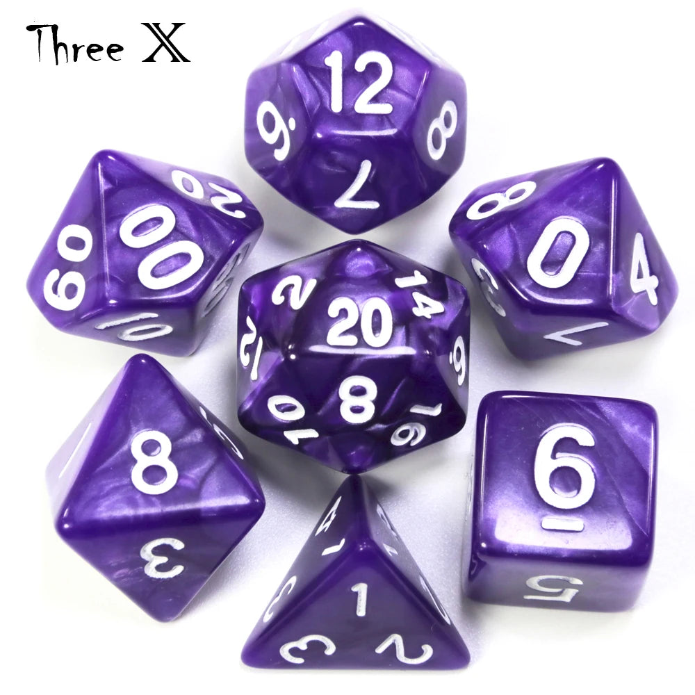 A set of purple marble effect polyhedral dice including a d12, d10, d8, d6, and d4.