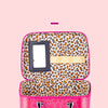 A pink leopard print makeup set with a mirror and storage compartment for kids.