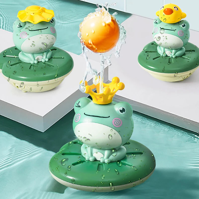 A set of floating electric water sprinkler frog bath toys in green and yellow, featuring frogs and a floating ball.