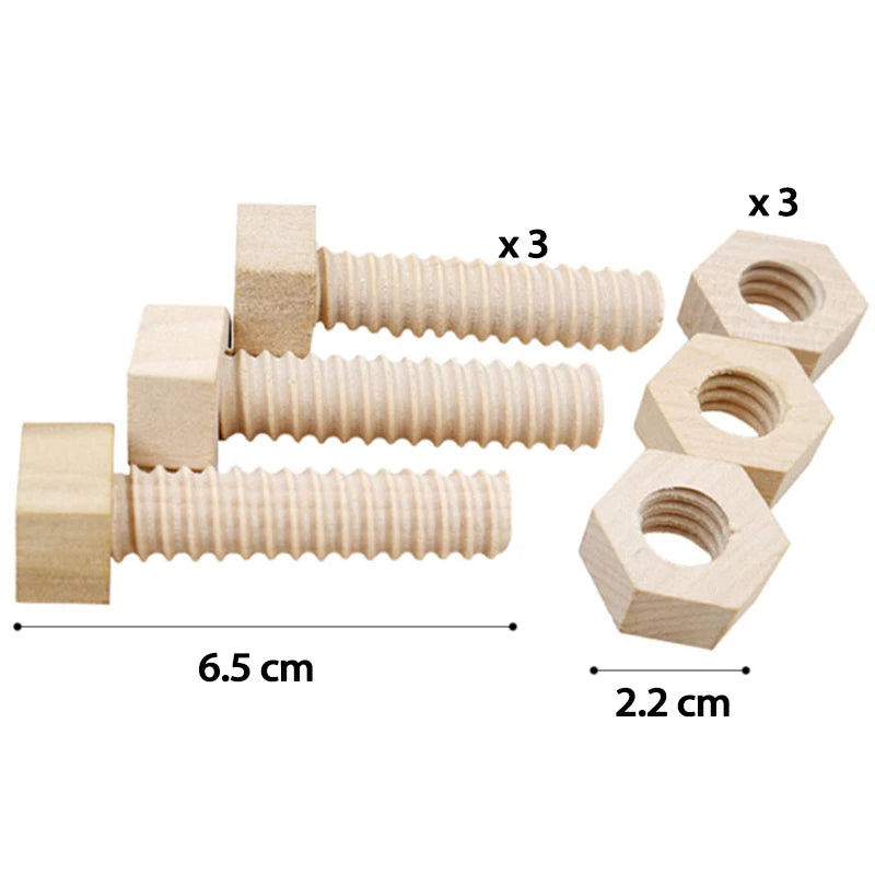 Set of wooden screw and nut building blocks with hexagonal pieces