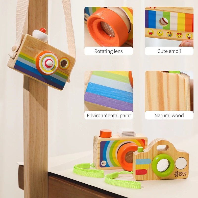 Montessori wooden camera teether toy featuring rotating lens and natural wood materials