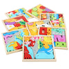 A collection of wooden 3D puzzle boards featuring cartoon animals and fruits for toddlers.