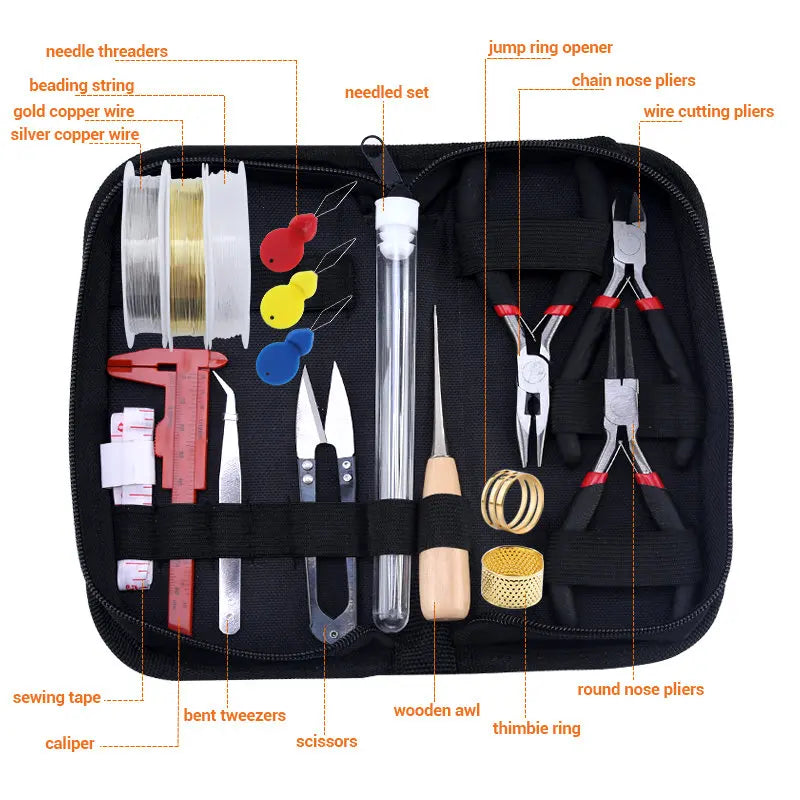 A black kit of jewelry making supplies including needle threaders, gold and silver wire, pliers, and various tools.