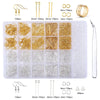 A collection of gold and silver jewelry making supplies including findings, wire, and tools in various sizes and quantities.