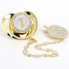 Gold initial rhinestone pacifier with clip and chain