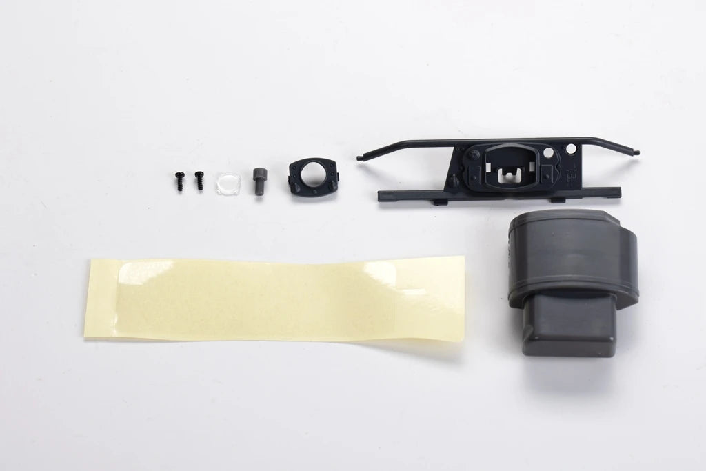 A set of 1:12 scale RC car steering wheel and interior upgrade parts including various small components and a black mounting 