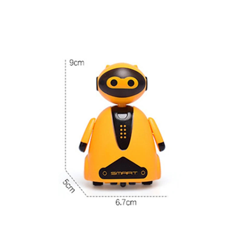 An orange line-following robot toy car with a black body and yellow eyes, shown against a white background.