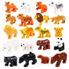 A collection of plastic zoo animal building blocks including a lion, bear, tiger, elephant, and panda.