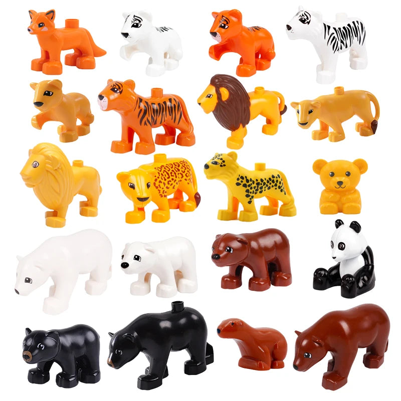 A collection of plastic zoo animal building blocks including a lion, bear, tiger, elephant, and panda.