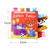 A colorful cloth book featuring circus tails and animals for baby sensory development.