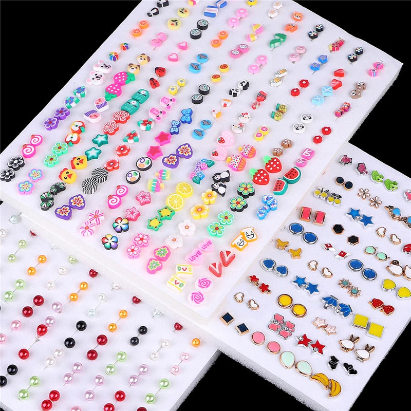 A collection of 100 pairs of assorted acrylic stud earrings featuring hearts, stars, and moons in various colors