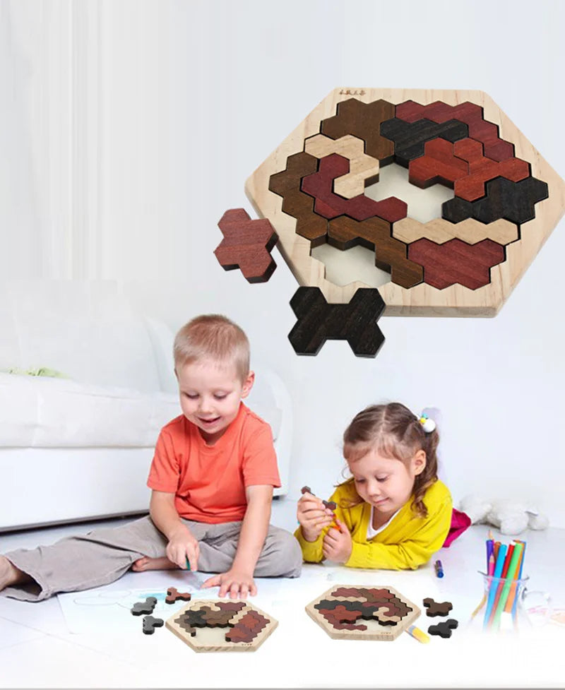 A wooden tangram puzzle board with various colored pieces and a finished puzzle on a table.