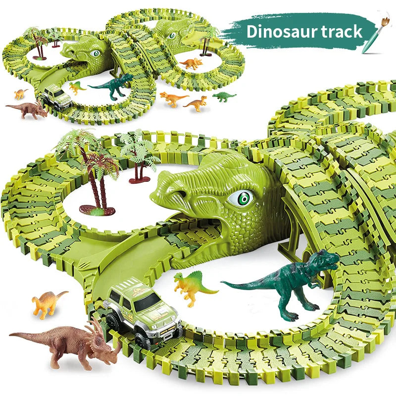 A green dinosaur track set featuring various dinosaurs and a racing car on a circular track.