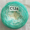 A spool of teal green and white yarn labeled C124, used for knitting or crochet projects.