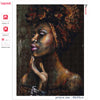 A detailed diamond painting portrait of an African woman with dark, curly hair and dramatic lighting.