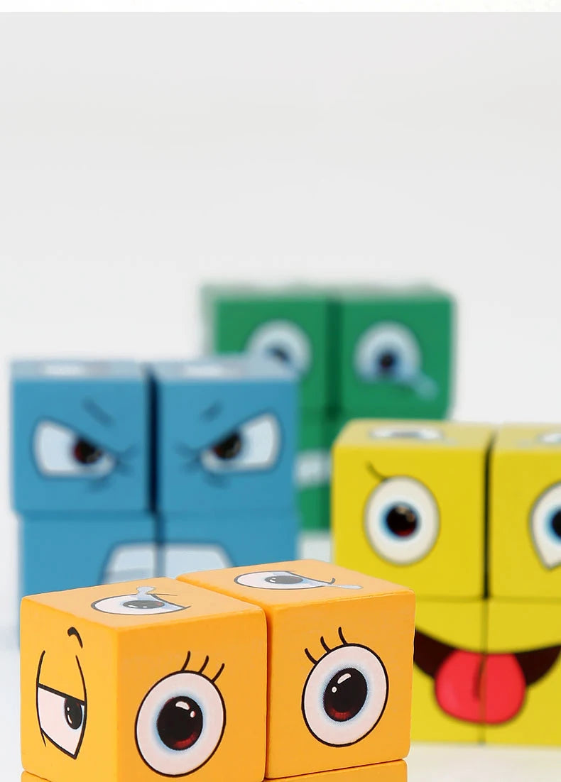 A close-up of wooden face-changing cube puzzle toys in various colors like blue, green, and yellow.