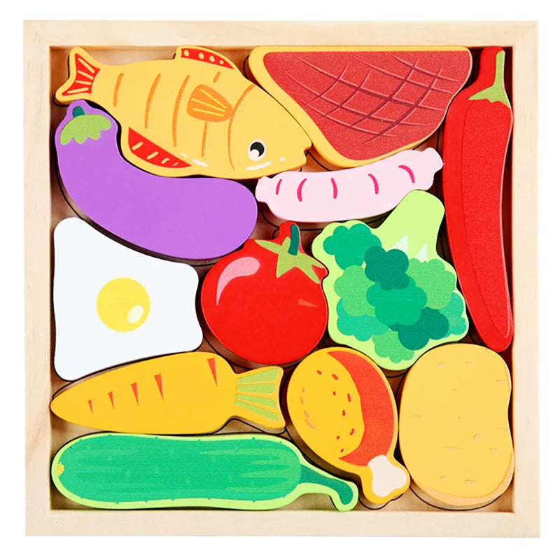 A wooden puzzle board for toddlers featuring various cartoon animals and fruits like a yellow fish, red watermelon slice, and