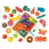 A wooden magnetic fruit and vegetable cutting play set featuring various colorful fruits and vegetables.