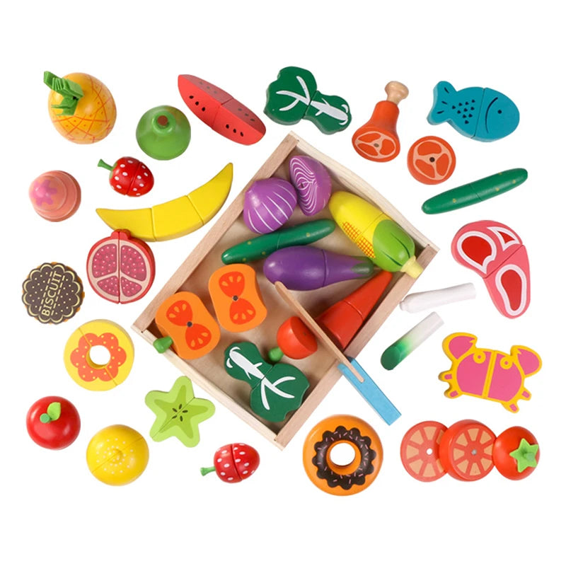 A wooden magnetic fruit and vegetable cutting play set featuring various colorful fruits and vegetables.