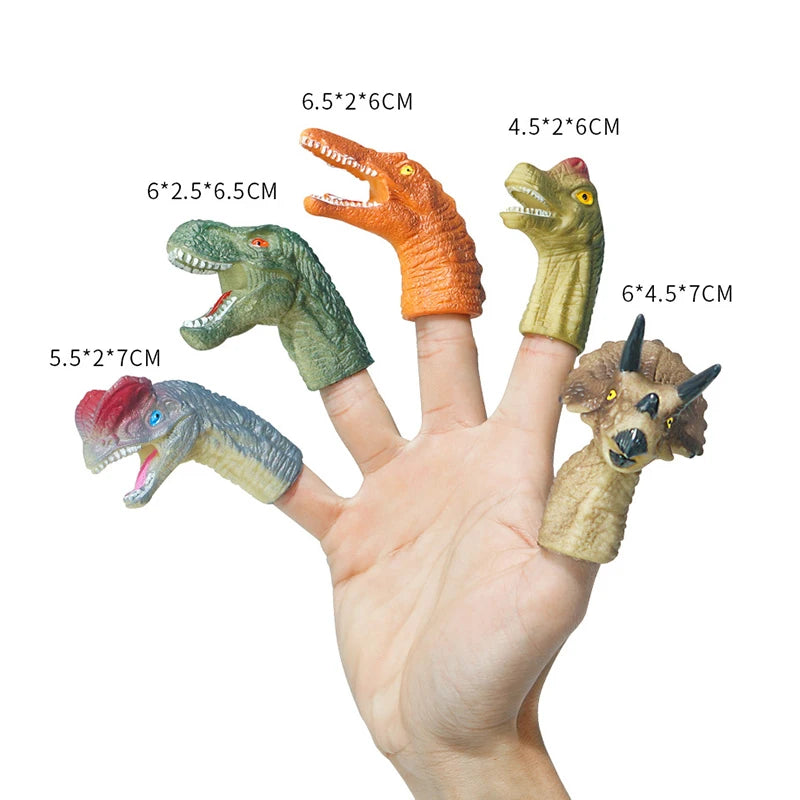 A hand holds a set of six dinosaur finger puppets, including a T-Rex and other prehistoric creatures.