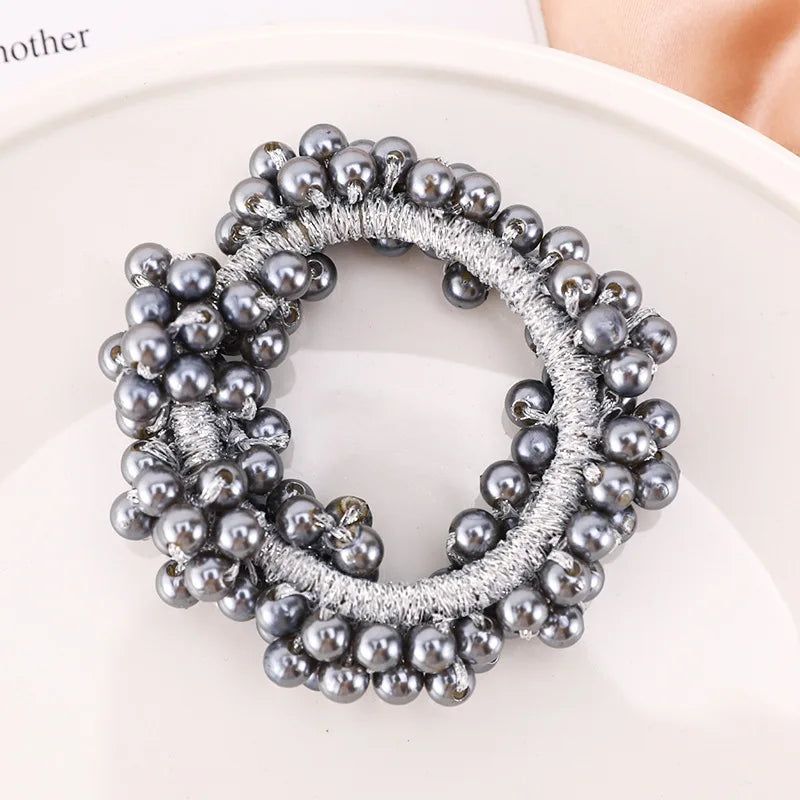 Elegant pearl hair ties with bow scrunchies in silver gray