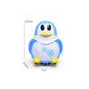 A cute blue and white penguin-shaped line-following robot toy with yellow accents.