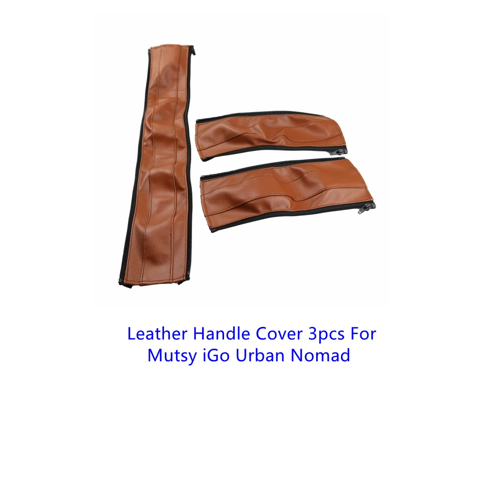 Three pieces of brown leather handle covers for a Mutsy iGo Urban Nomad stroller.